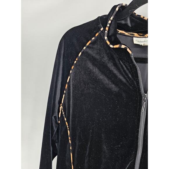 Coldwater Creek Womens Sz 1X Zip Up Velvet Velour Jacket Black w/ Leopard Trim - Picture 2 of 4